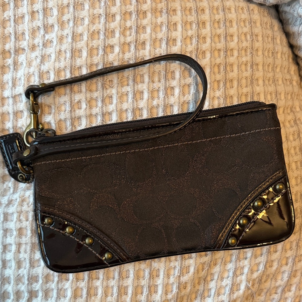 Coach Dark Brown Signature Wristlet with Studded Patent Corners